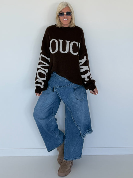 Oversized Strickpullover Dont Touch Me - mokka-weiss