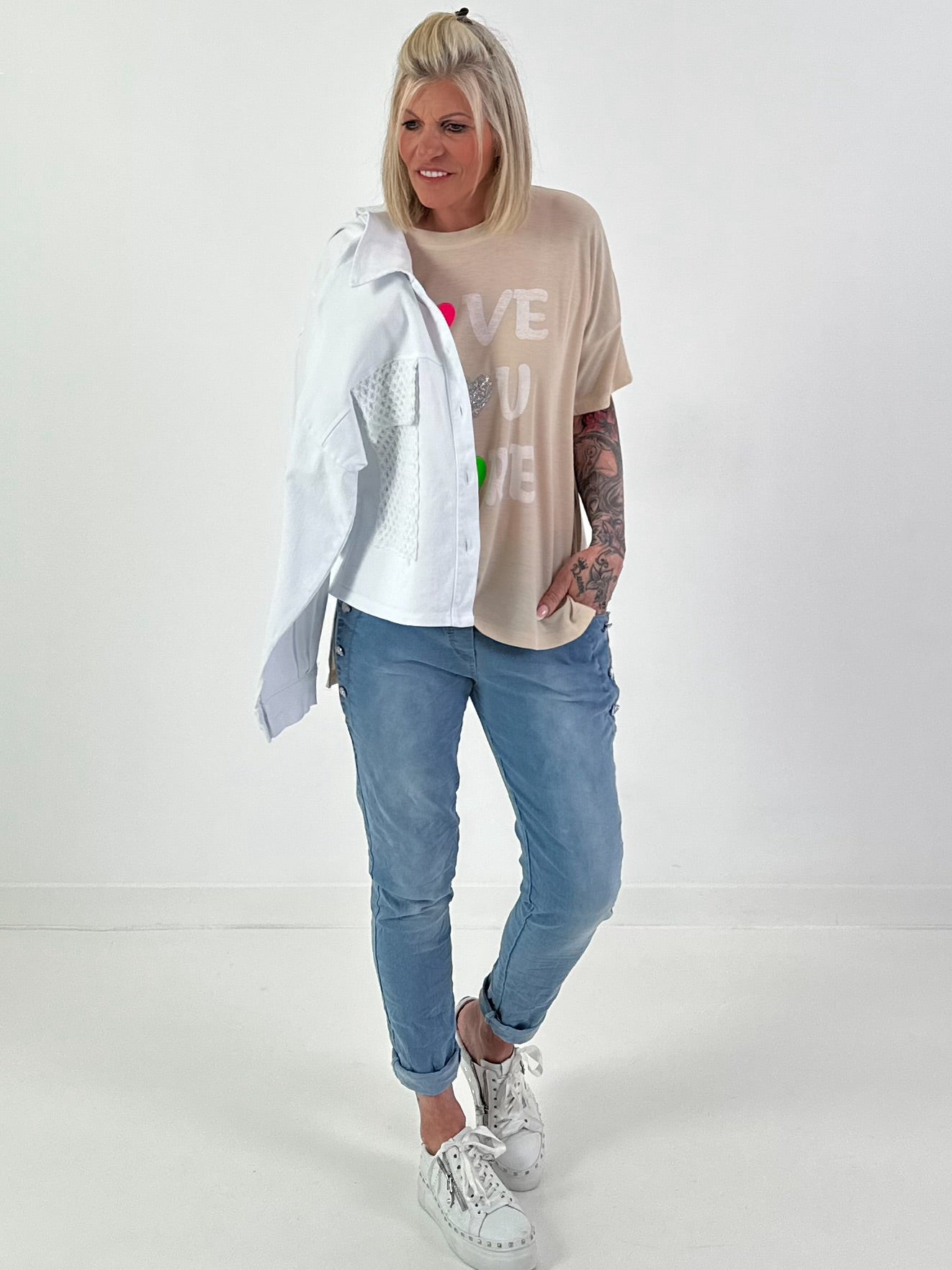 Fine Knit T-Shirt Love - beige