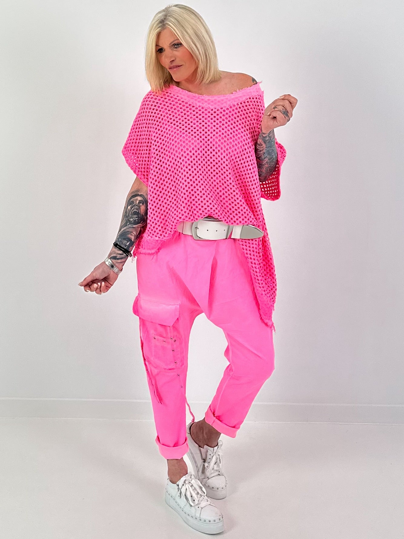 Häkelshirt mit Fransen asymmetrisch - neonpink