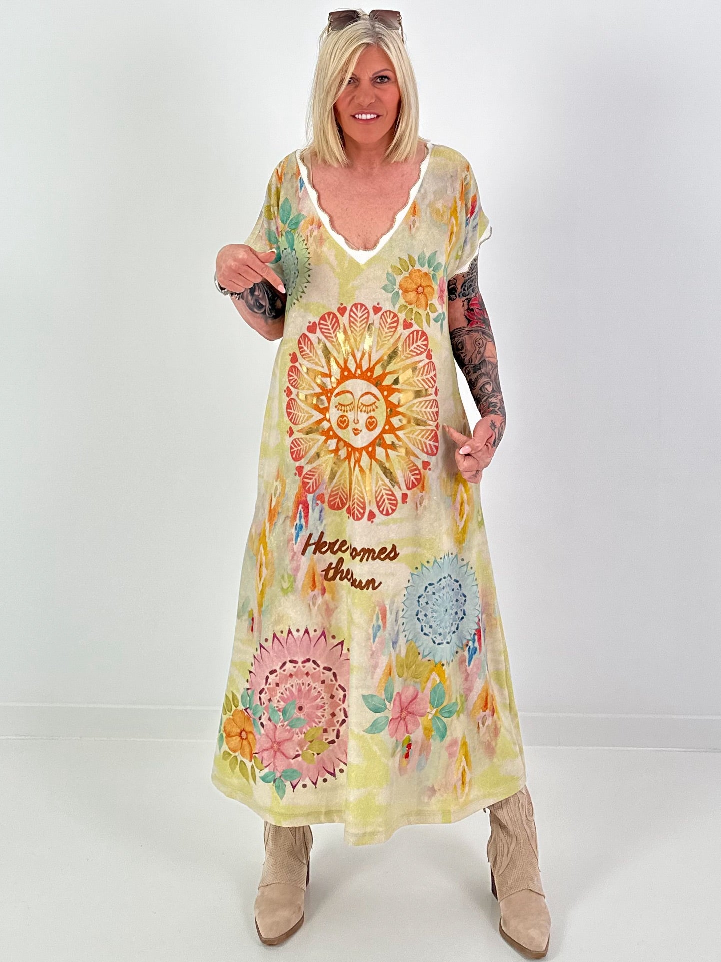 Knitted dress with lurex and sun print - multicoloured