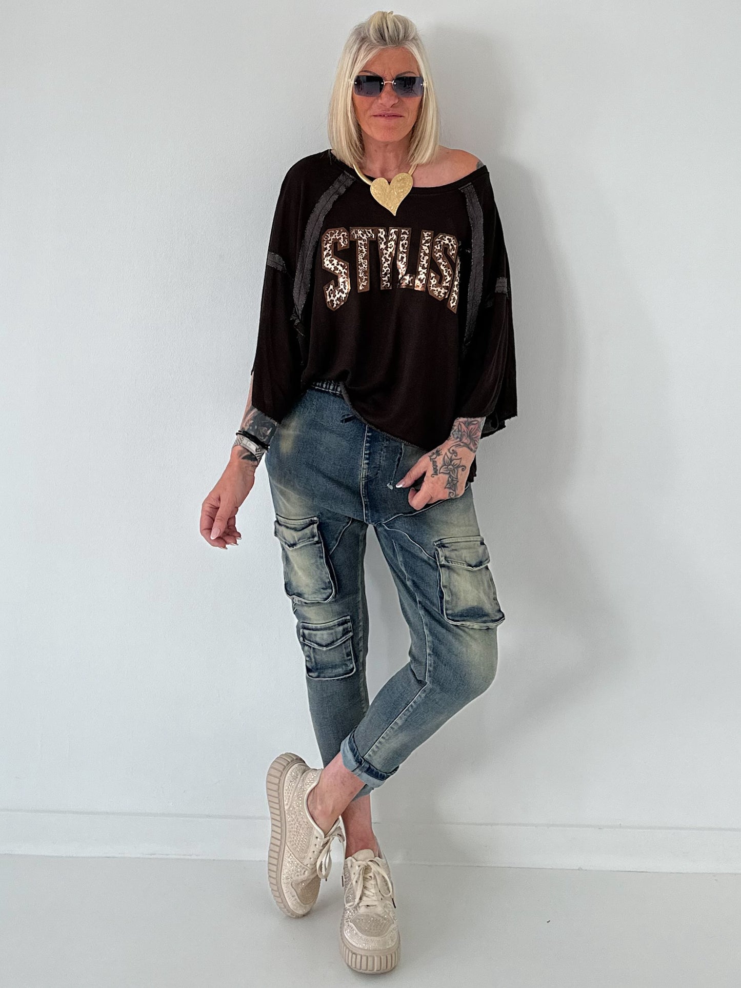Strick Shirt mit Leo-Print - mokka