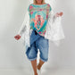 Shirt met print en kanten overlay - turquoise-wit-multicolor