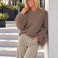 Pullover mit Trompetenärmeln im Fransen-Look - taupe