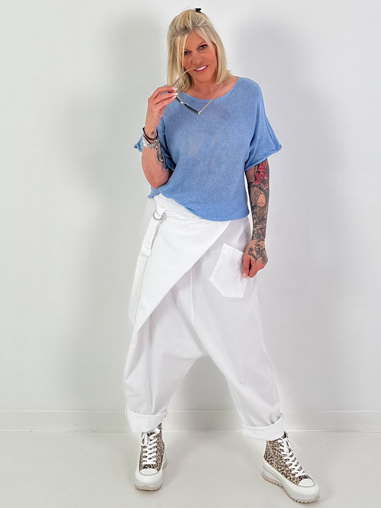 Sommerstrick Pullover mit kurzen Arm - hellblau