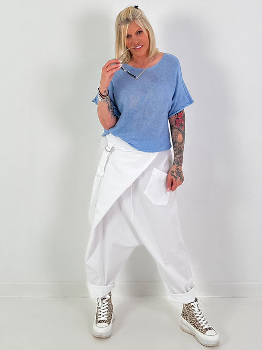 Summer Knit Sweater with Short Sleeves - light blue