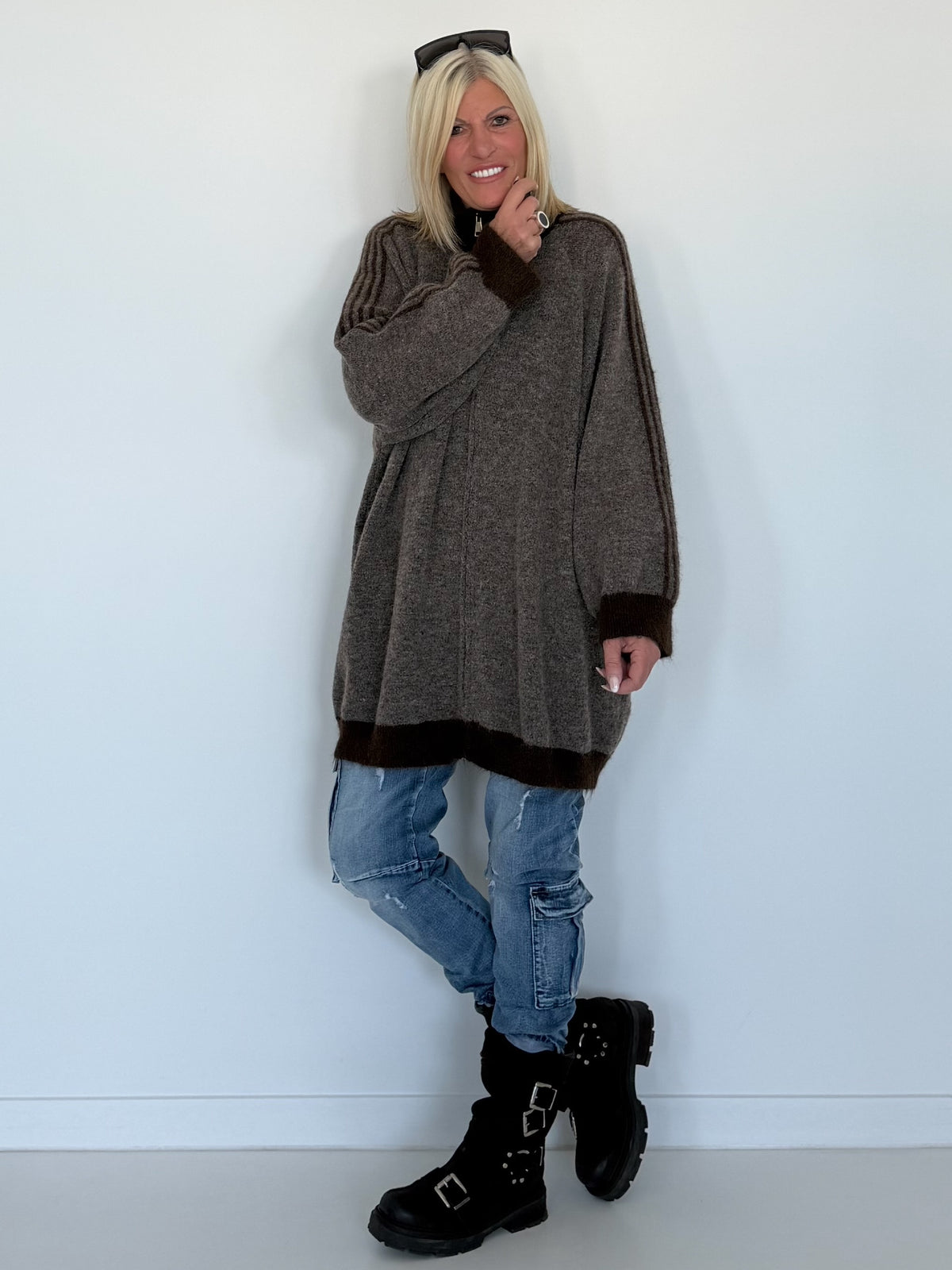 Oversized Long-Strickjacke mit Streifen - dark-chocolate-mokka
