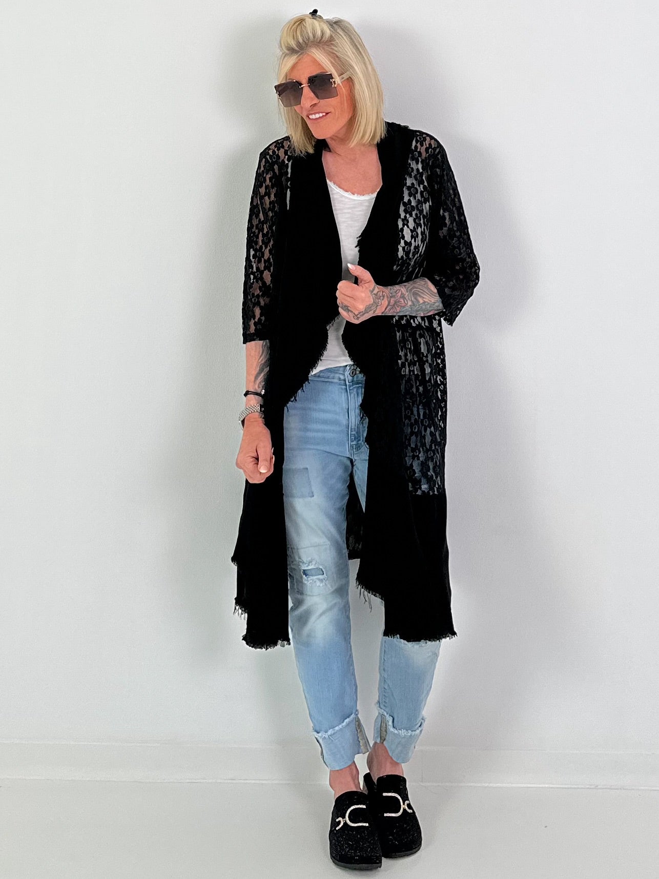 Lace coat in a material mix - black