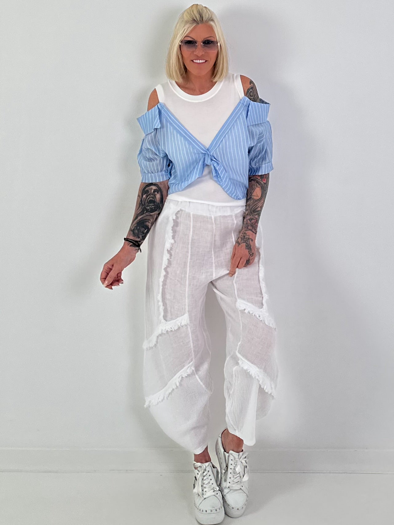 Ribbed top with blouse layering - white-light blue