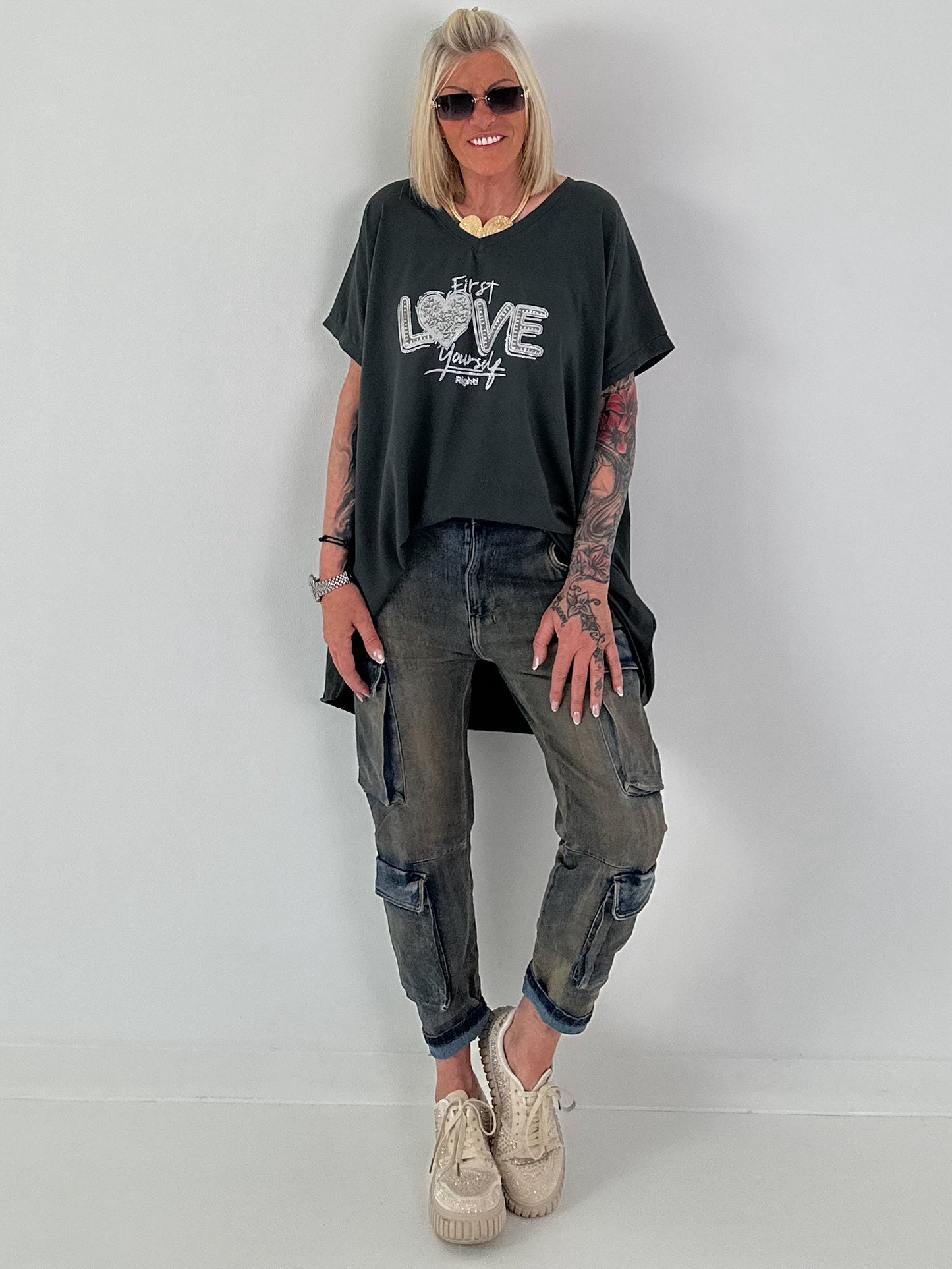 T-Shirt mit Strassdetail - anthrazit