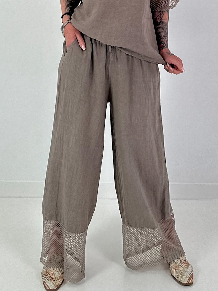 Wide Leg Linen Trousers - Taupe
