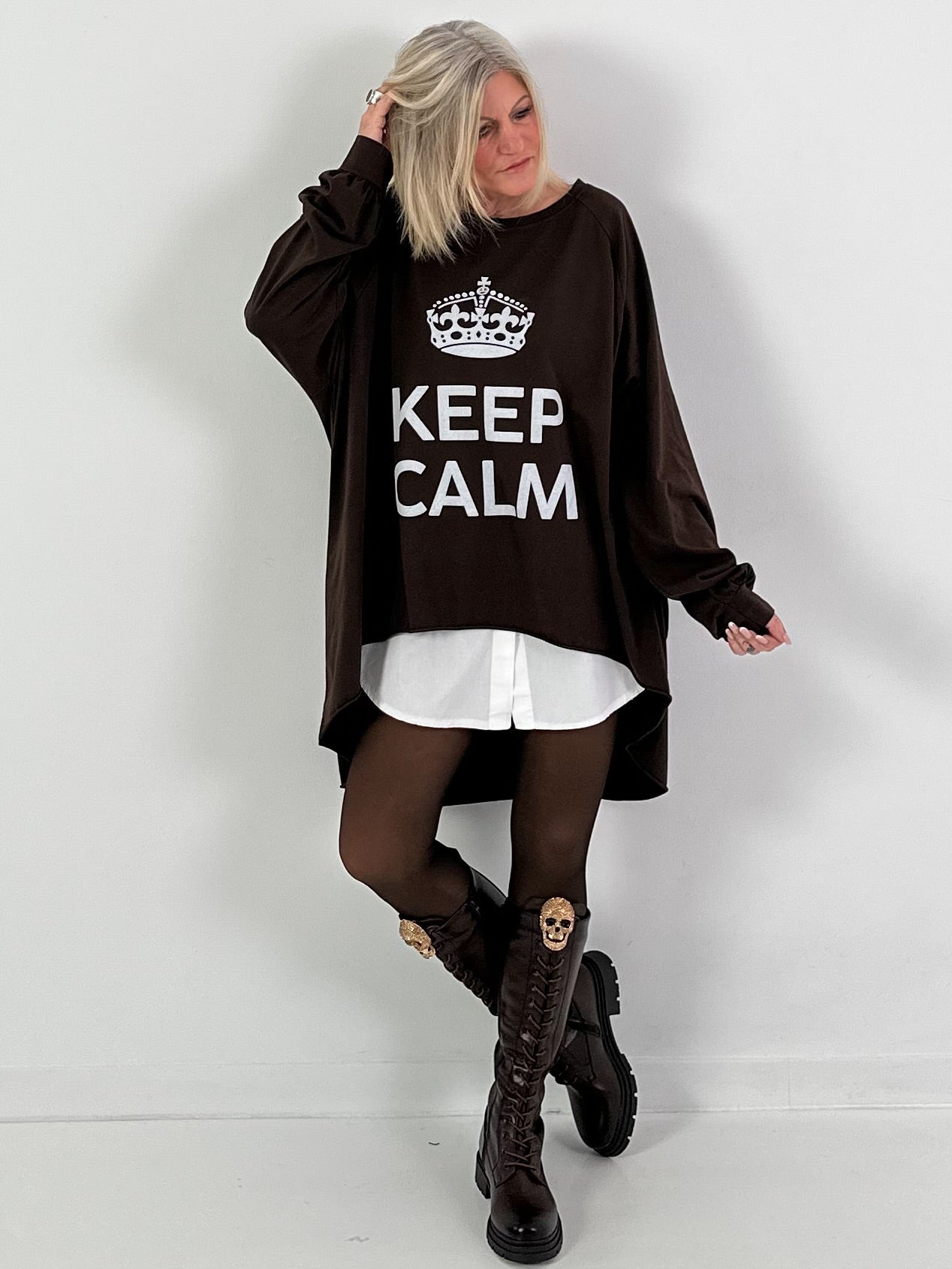 Oversized shirt model "KEEP CALM" - coffee