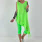 Asymmetrisches Long Top mit Ösen und Jeansdetail - neongrün
