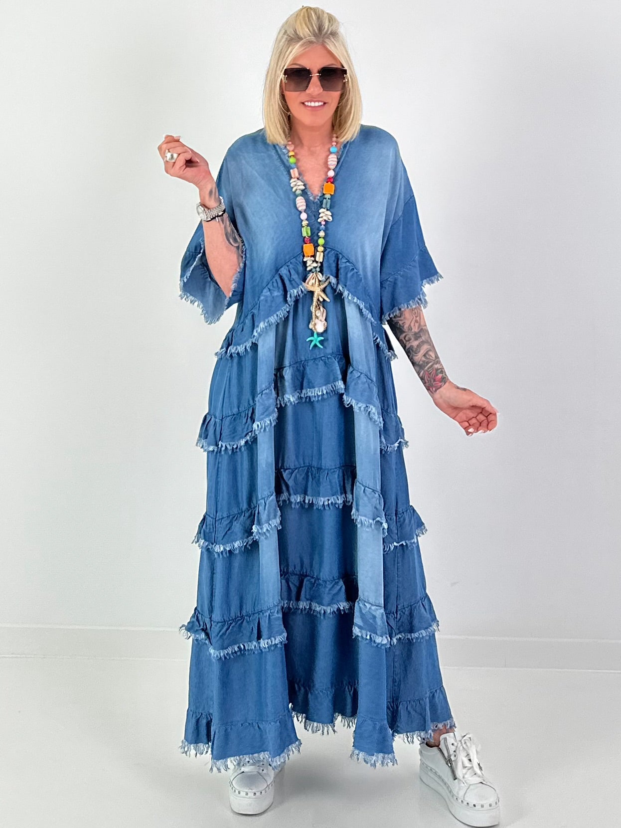 Dark blue ruffled denim dress