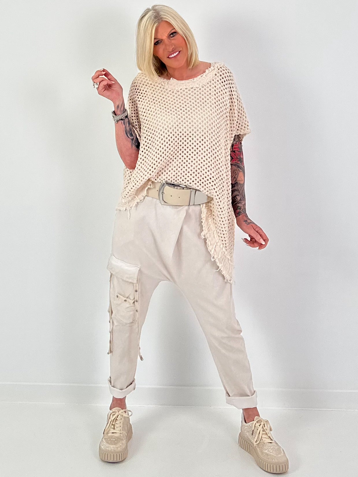 Häkelshirt mit Fransen asymmetrisch - beige