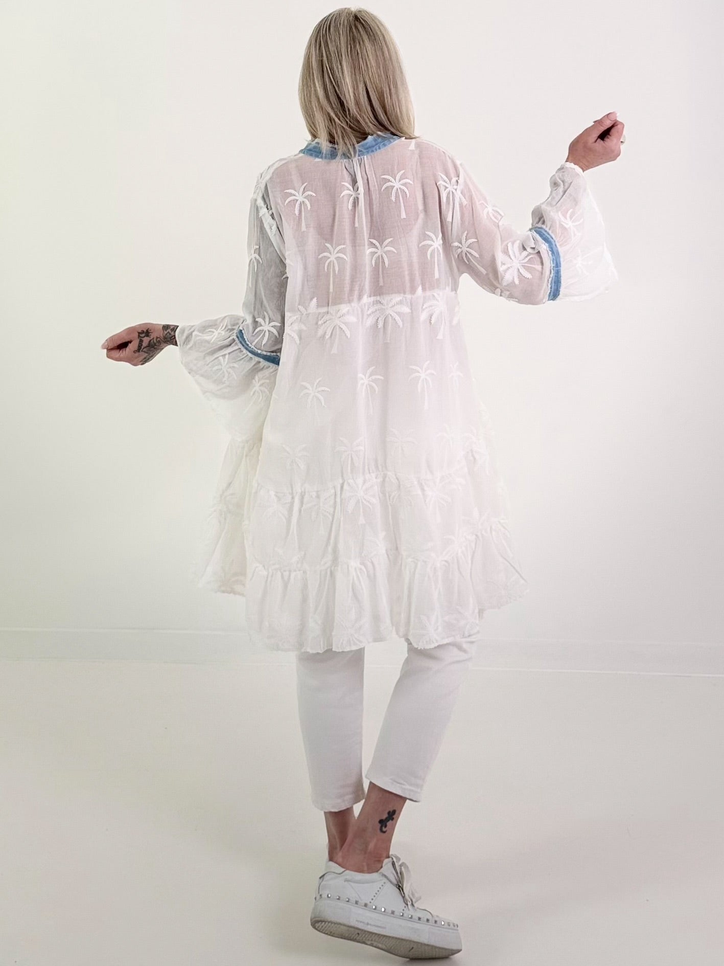 Tunika/Kleid mit Palmen-Elementen - weiss