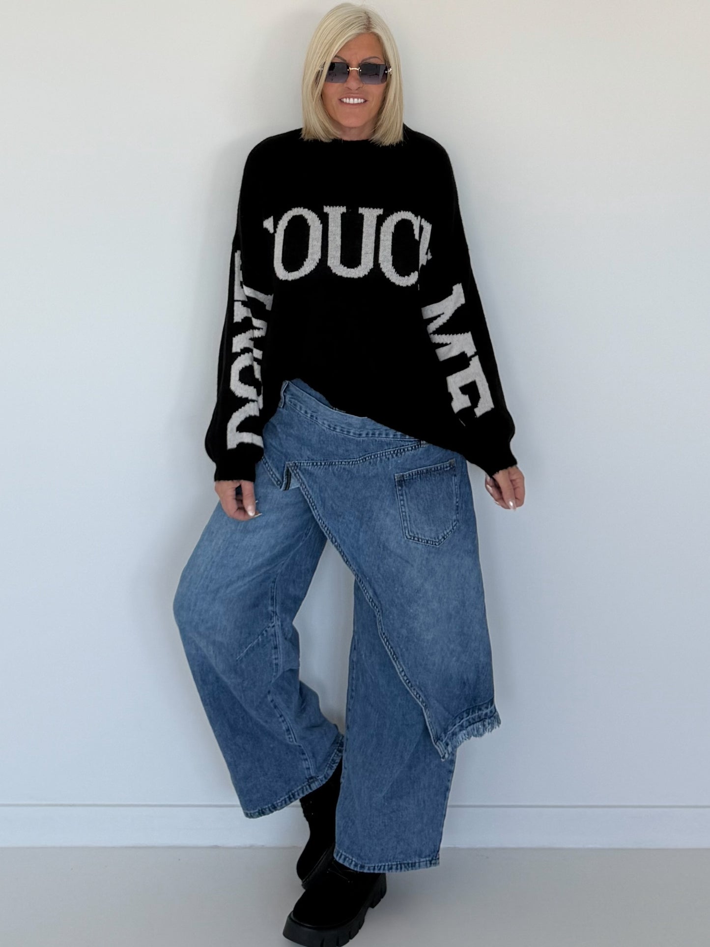 Oversized Strickpullover Dont Touch Me - schwarz-weiss