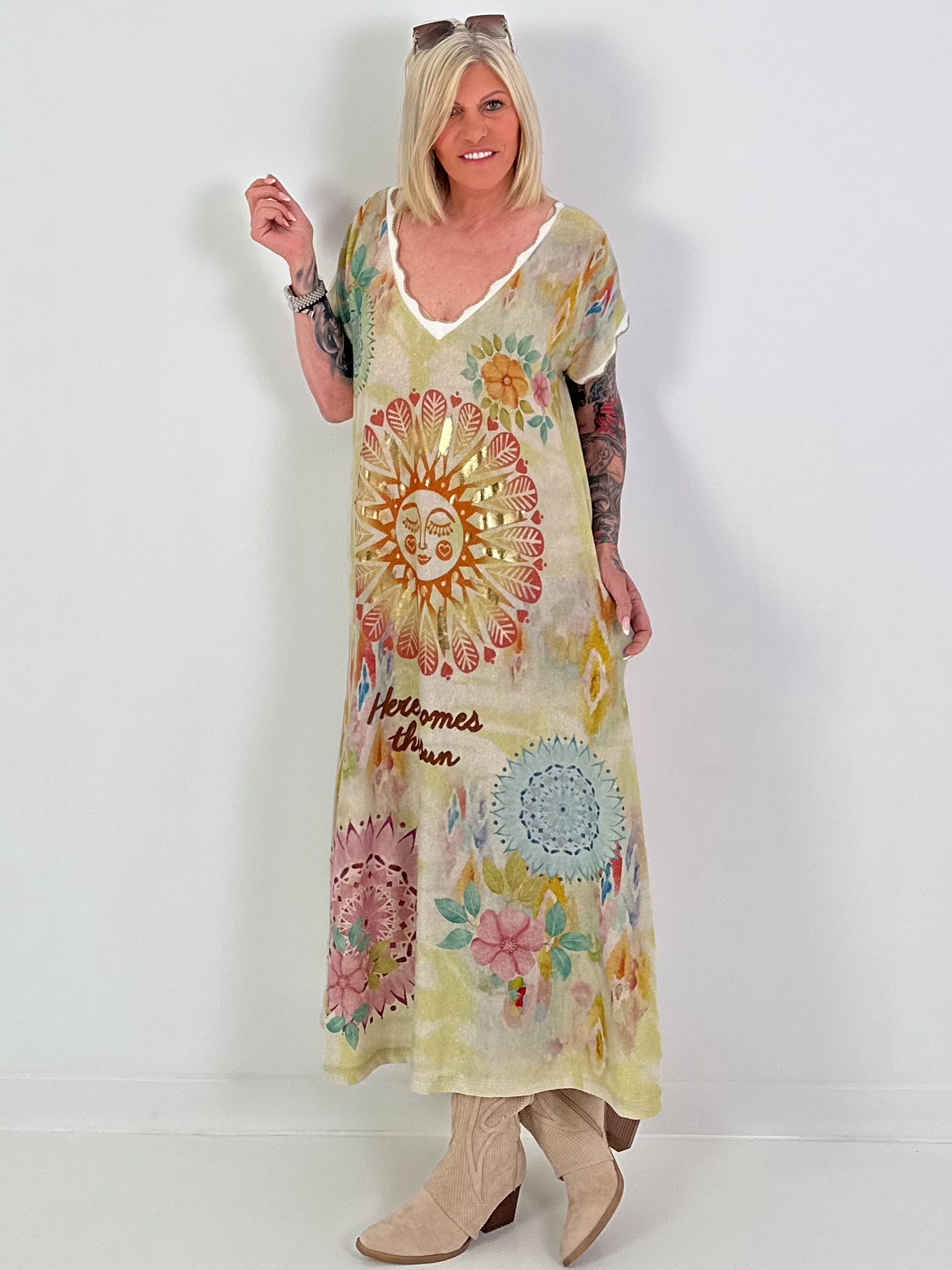 Knitted dress with lurex and sun print - multicoloured