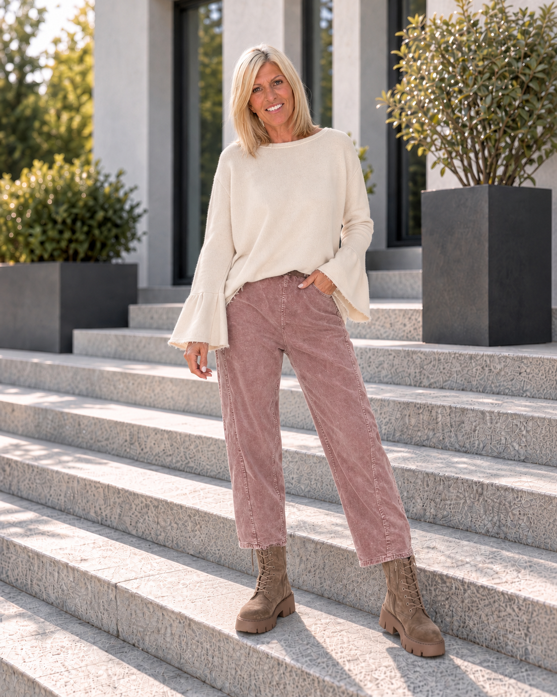 Sweater mit Trompetenärmeln - beige