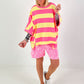 Striped Oversized Sweater with Short Sleeves - Yellow-Neon Pink