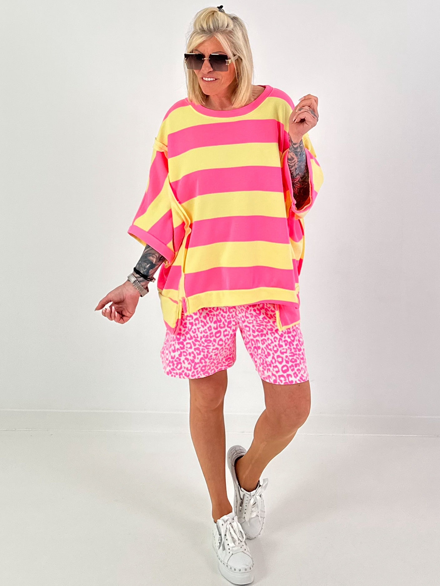 Striped Oversized Sweater with Short Sleeves - Yellow-Neon Pink