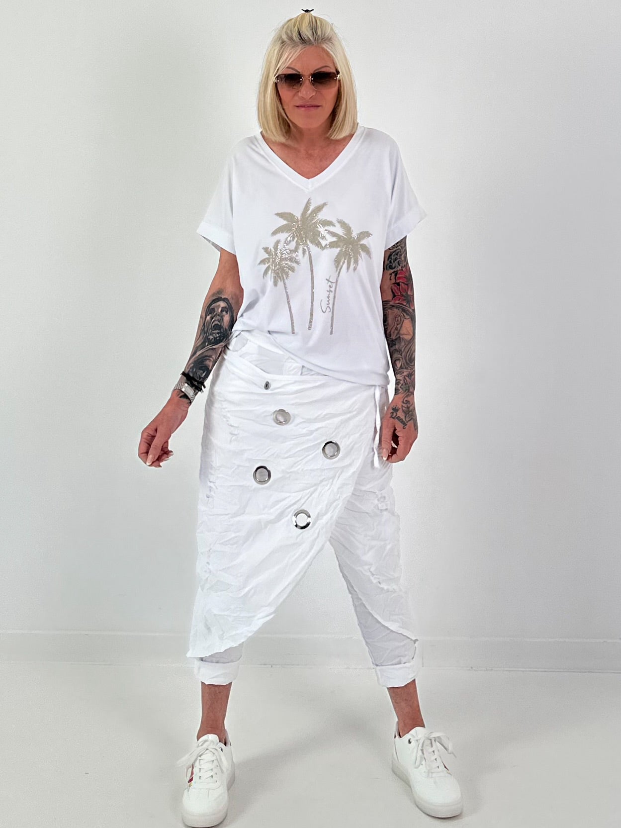 T-Shirt mit Glitzerpalmen - weiss