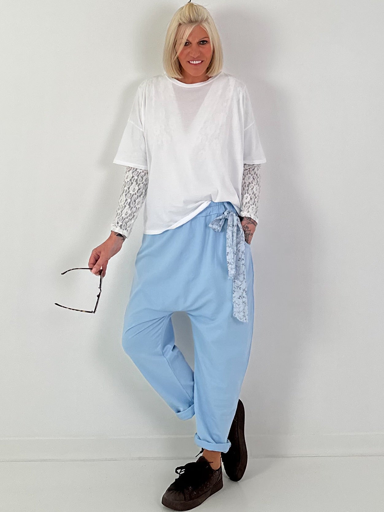 Baggy Trousers with Decorative Scarf - Light Blue