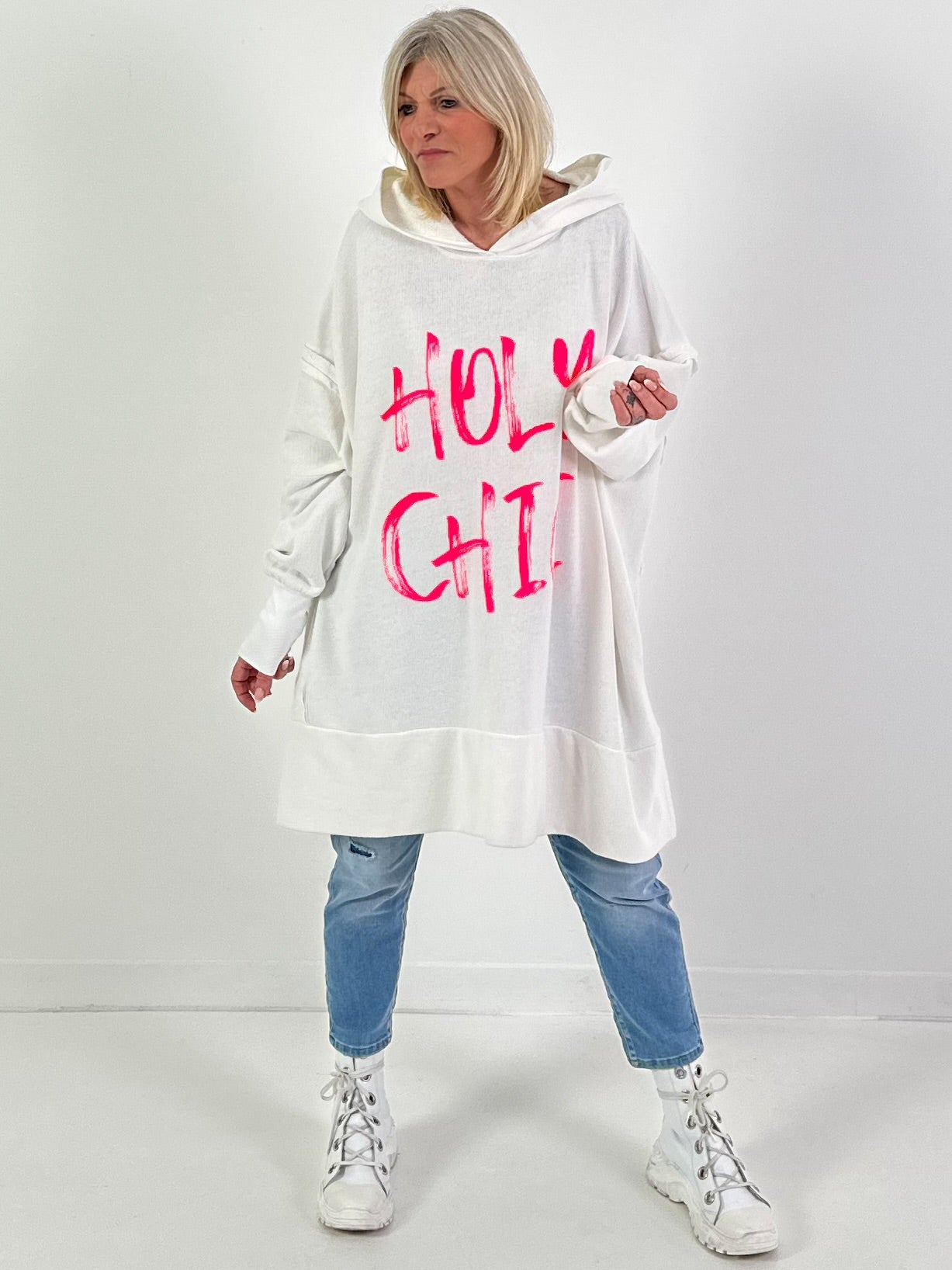 Oversized Hoodie Modell "Holy Chic" - weiss-neonpink