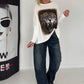 Sweater mit Stulpenärmeln und Strassmotiv Leopard - ecru