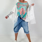 Shirt met print en kanten overlay - turquoise-wit-multicolor