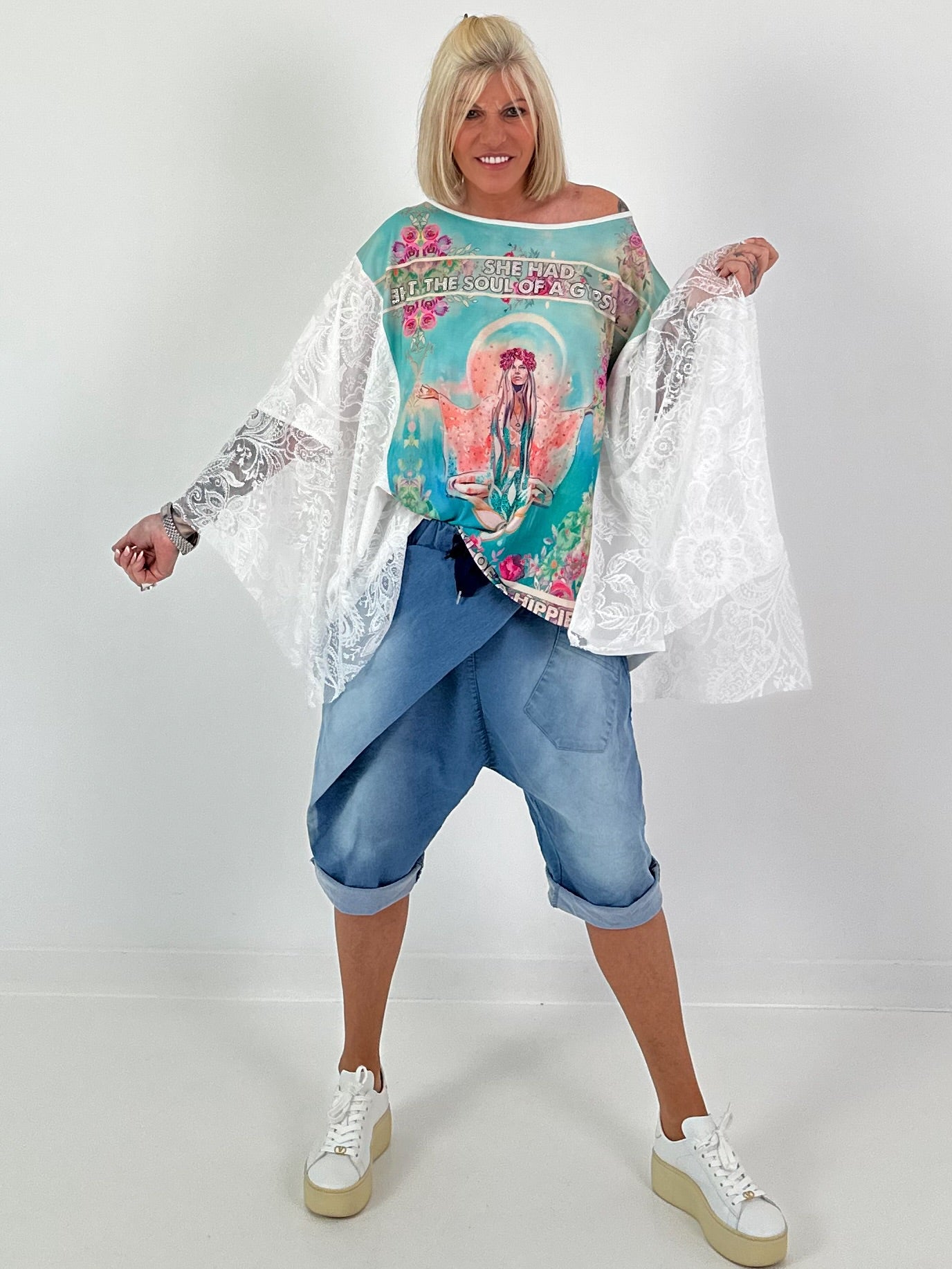 Shirt met print en kanten overlay - turquoise-wit-multicolor