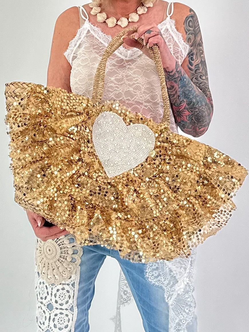 XL Korb mit Pailletten- und Perlendetails - beige