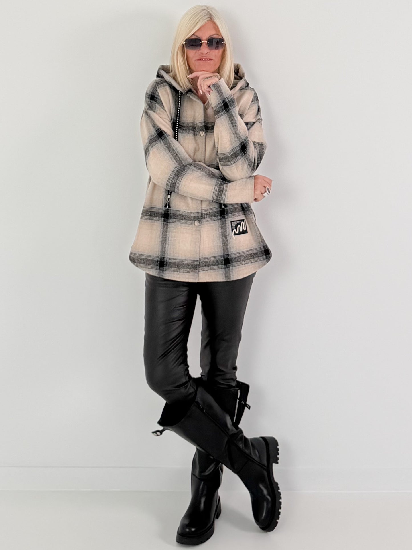 Plaid hooded overshirt - beige-black-multicoloured