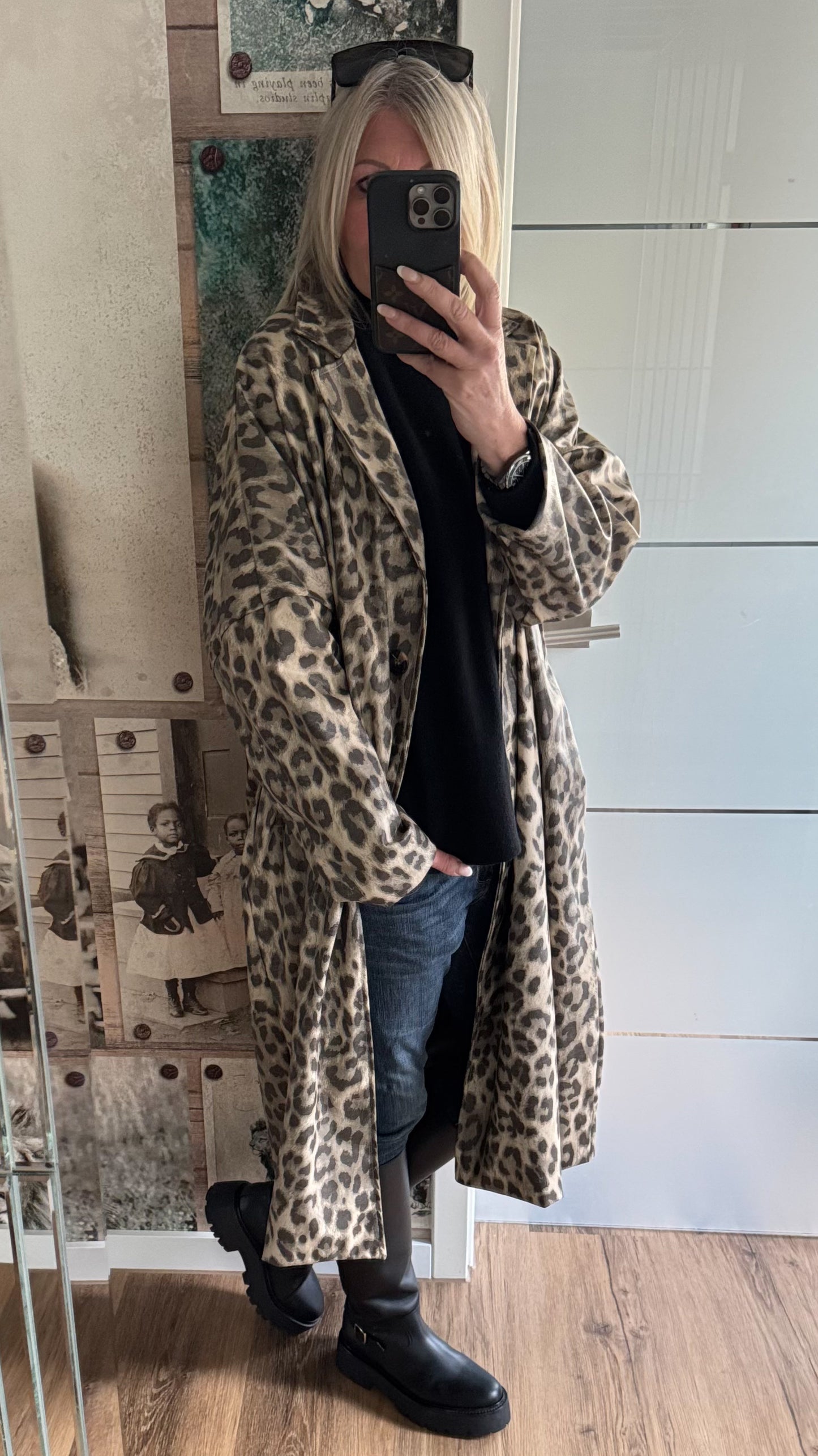 Oversized leren jas, model "Animal Elegance" - beige veelkleurig