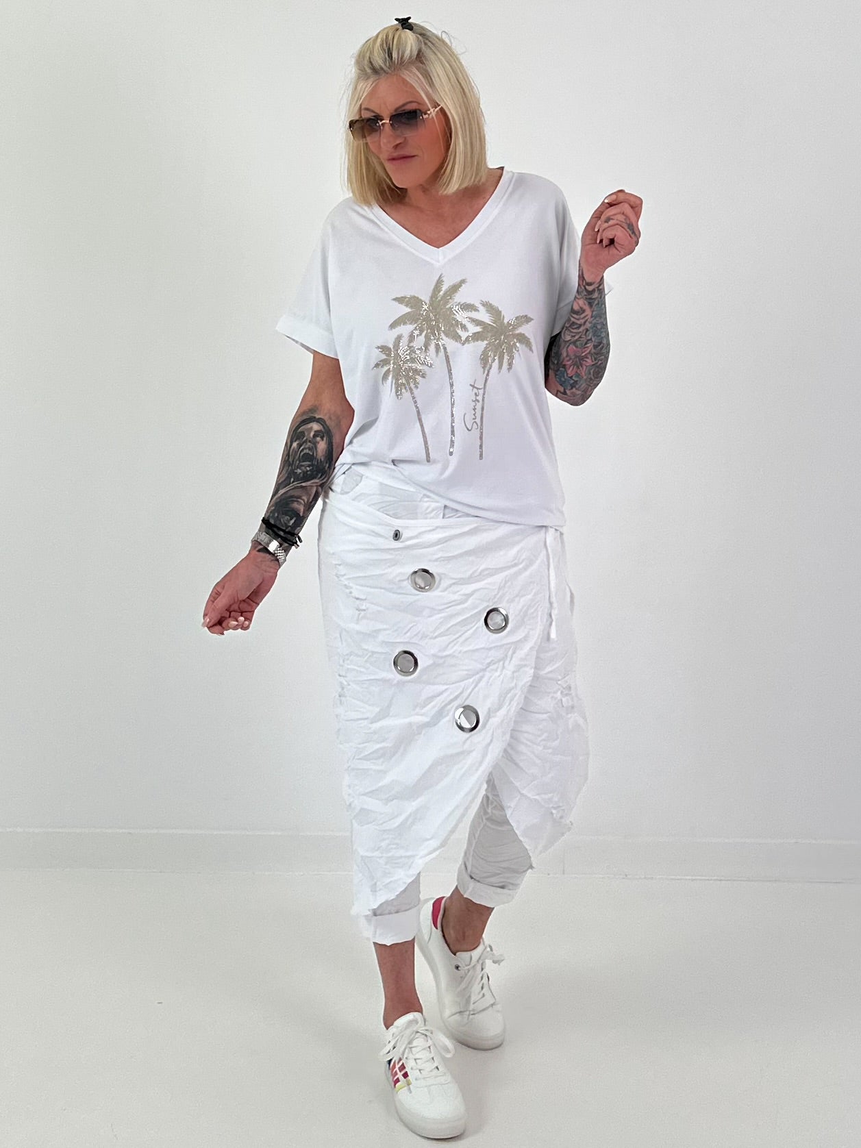 T-Shirt mit Glitzerpalmen - weiss