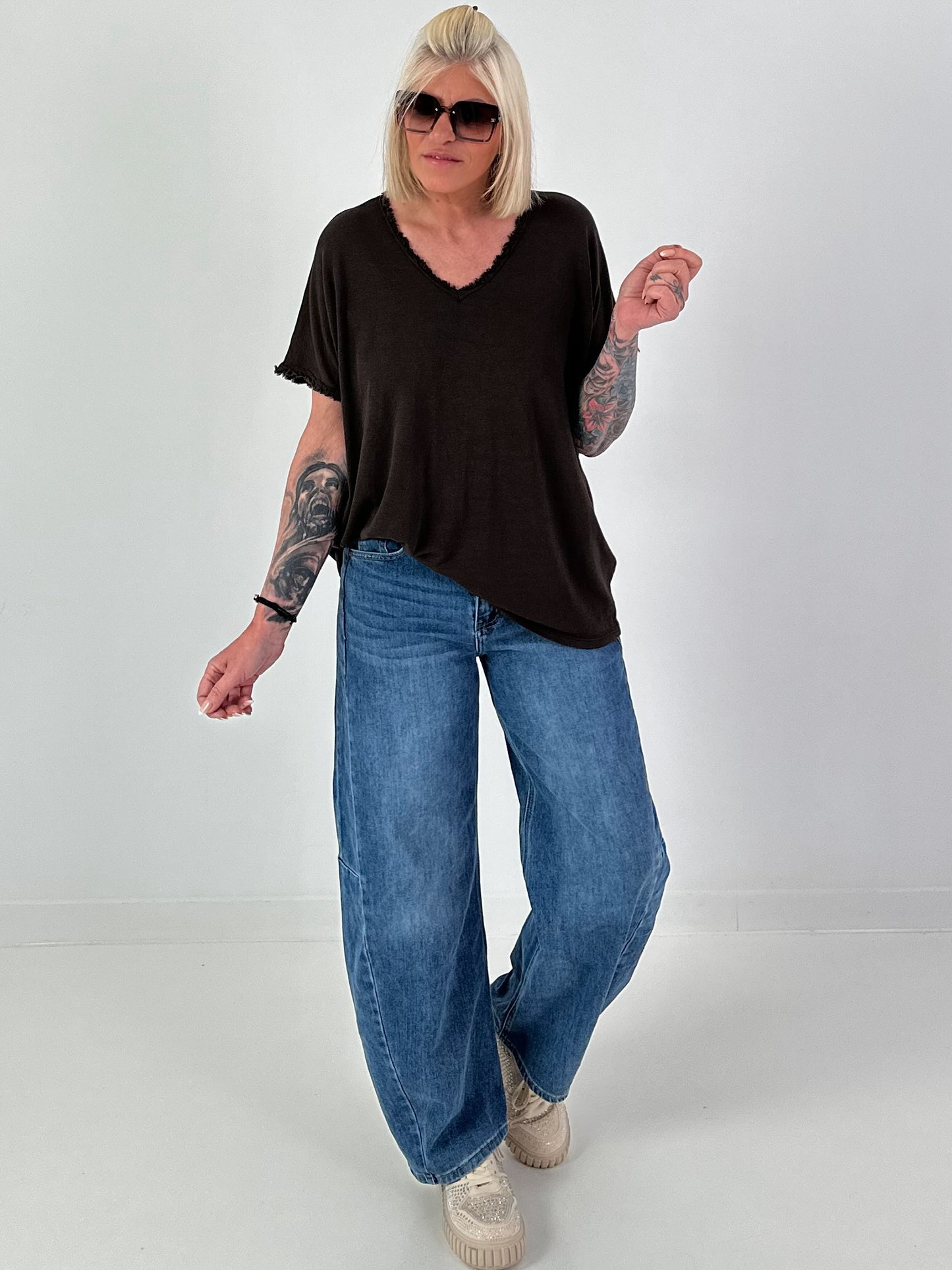 Ribbed Shirt with Fringe Details - chocolate