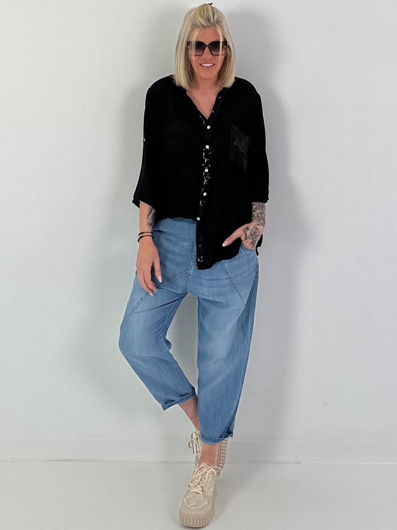 Sequin and crochet detail blouse - black