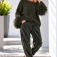 Fringe-look sweater with trumpet sleeves - olive