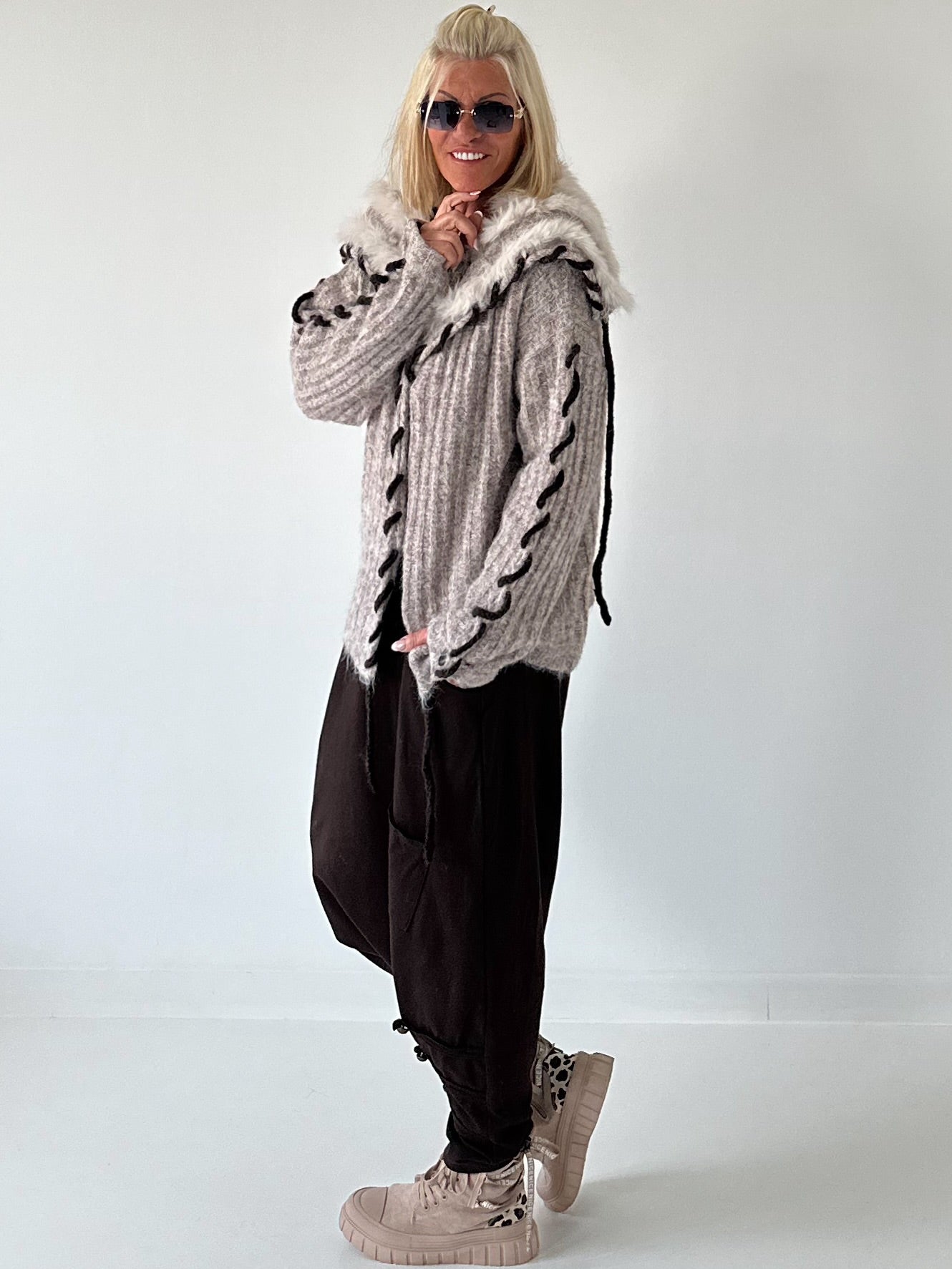 Cozy Cardigan with Oversized Faux Fur Collar - Taupe