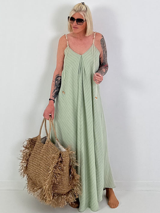 Dress with decorative straps and striped pattern - khaki