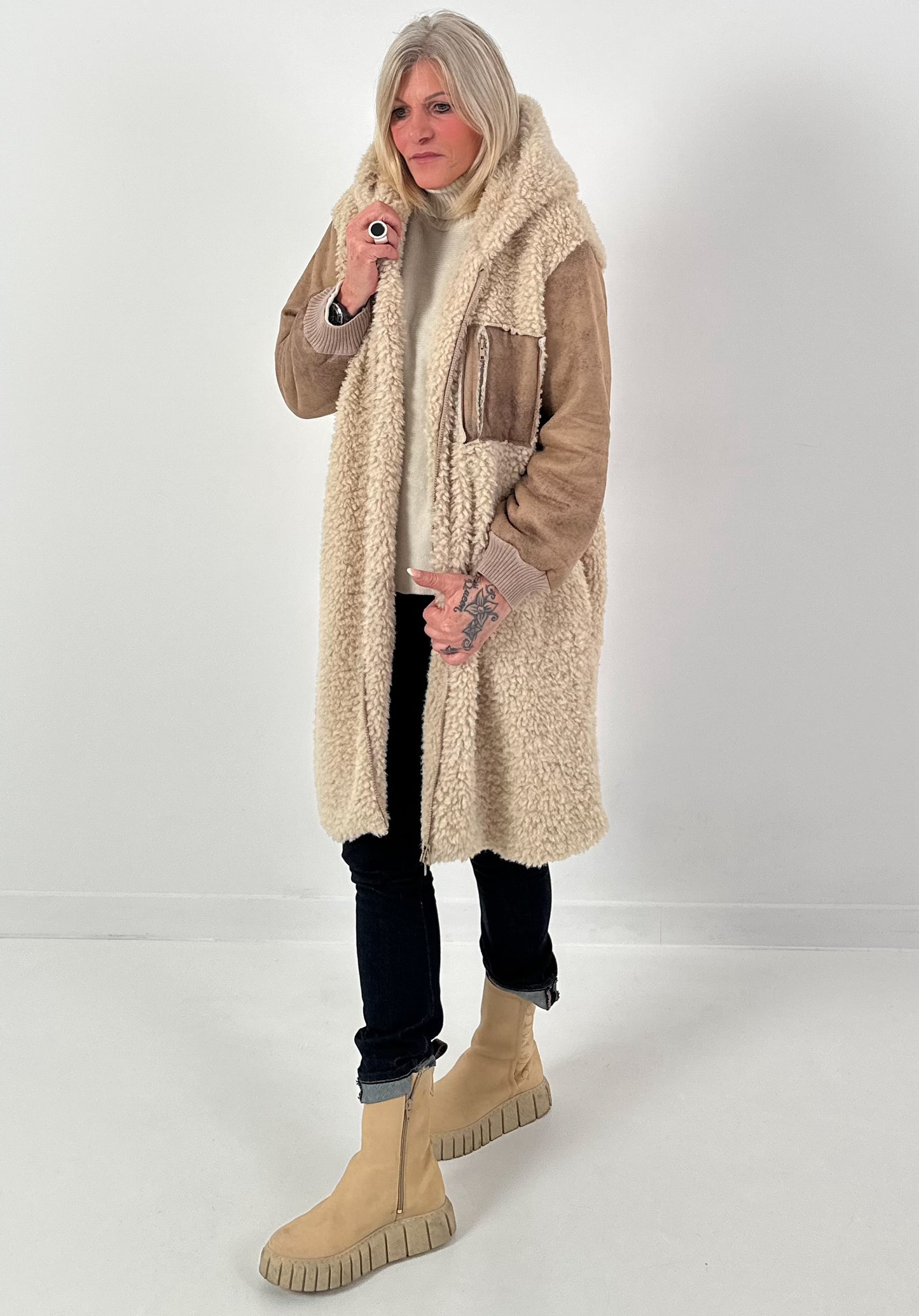 Materiaalmix jas model "Wild Mood" - beige-taupe