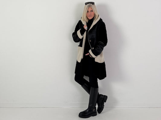 Jas van materiaalmix met capuchon, model "Nordic Blend" - zwart-beige