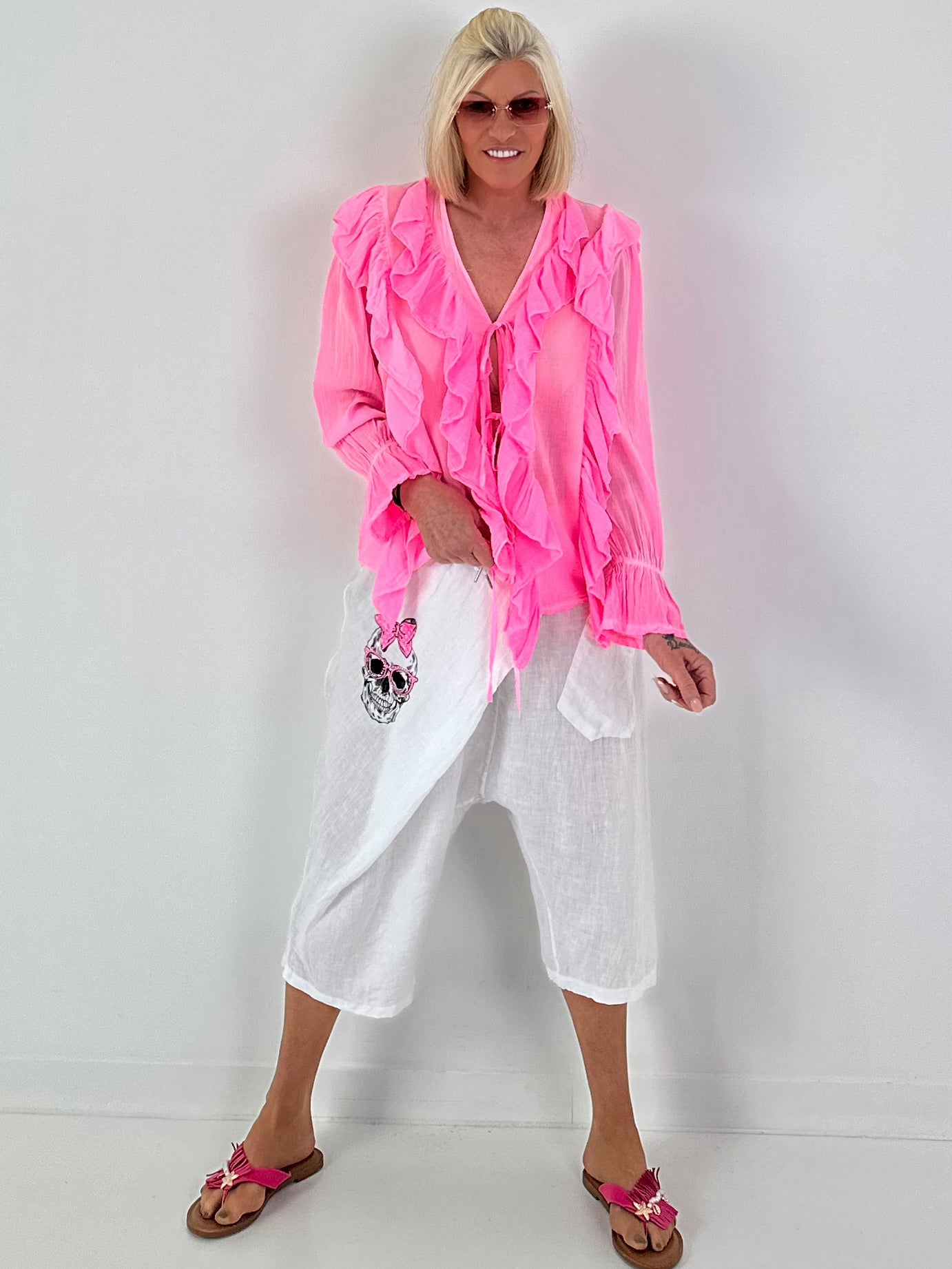 Tunika zum Binden mit Volants - neonpink