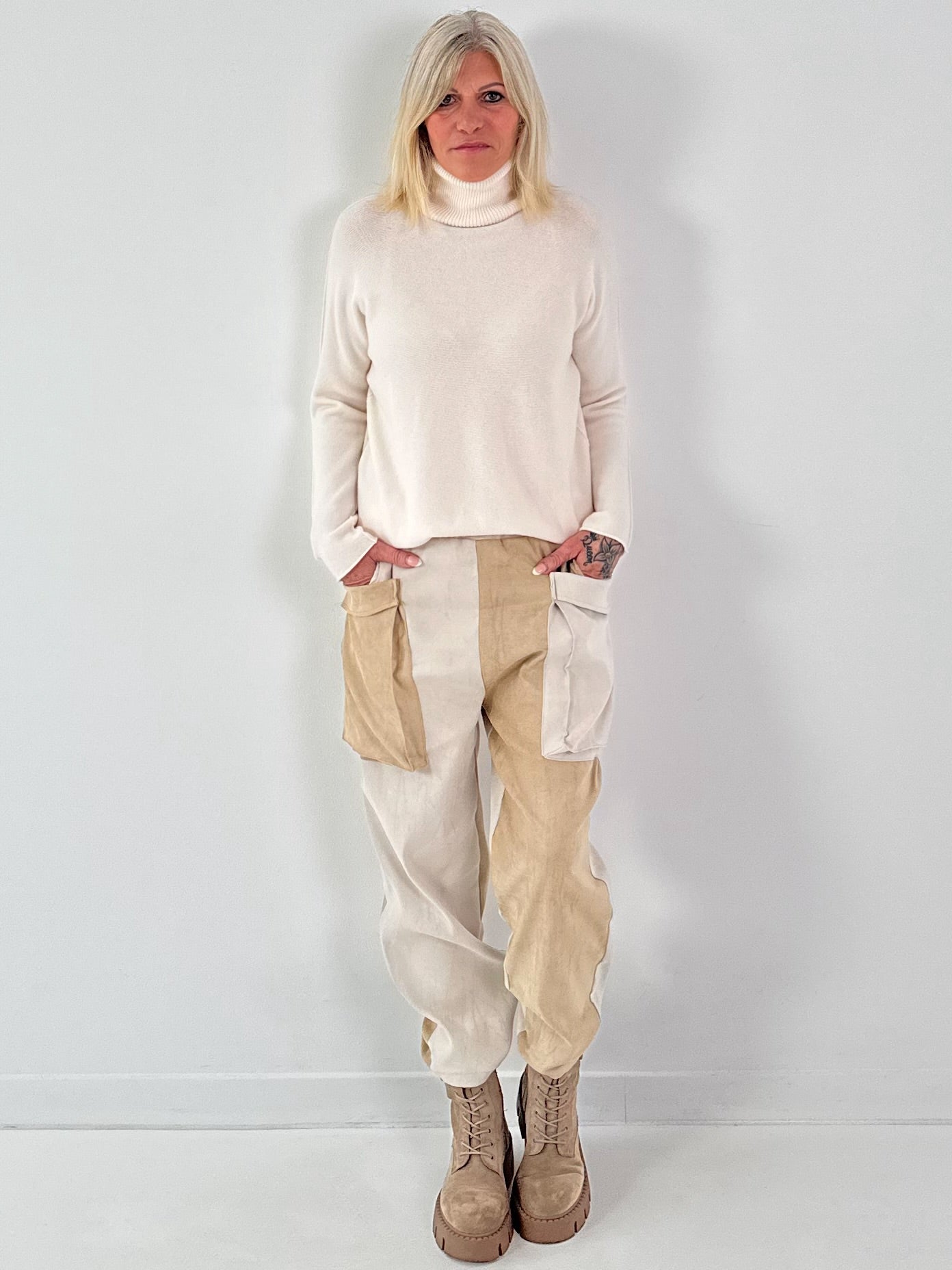 Suede-look trousers, model "Dual Harmony" - ecru-beige