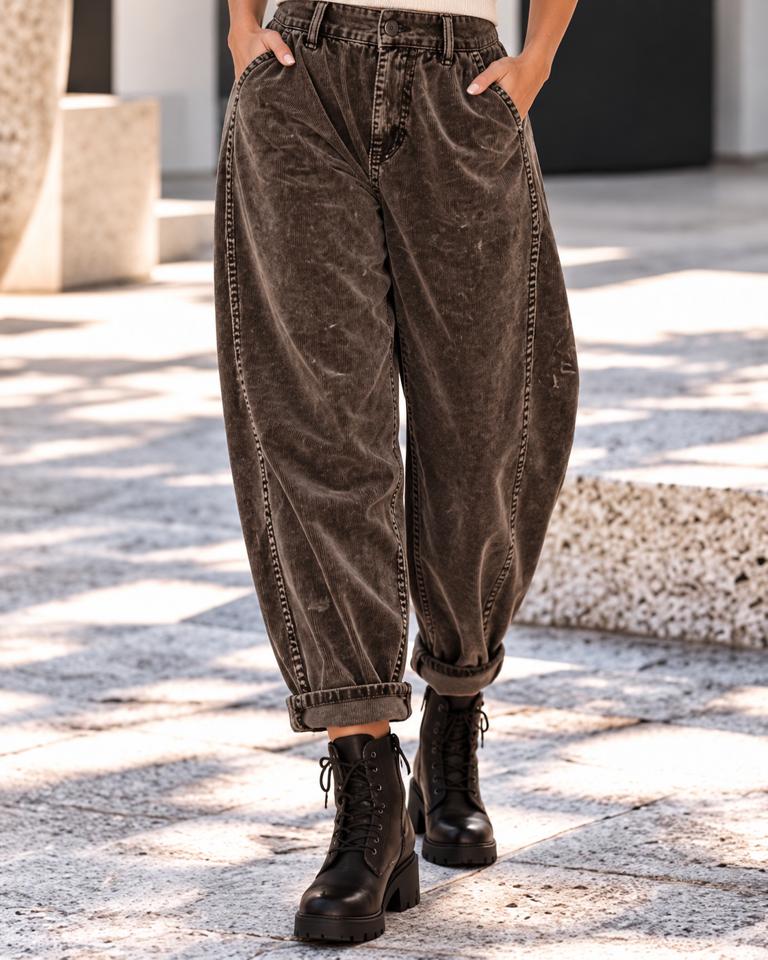 Soft balloon corduroy trousers with belt - stone-washed mocha