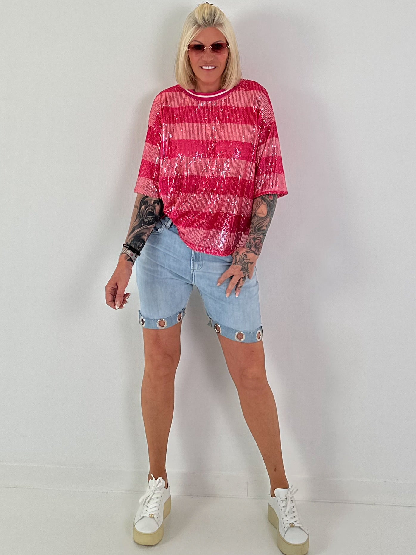Pailletten Shirt mit Streifen - pink-rosa
