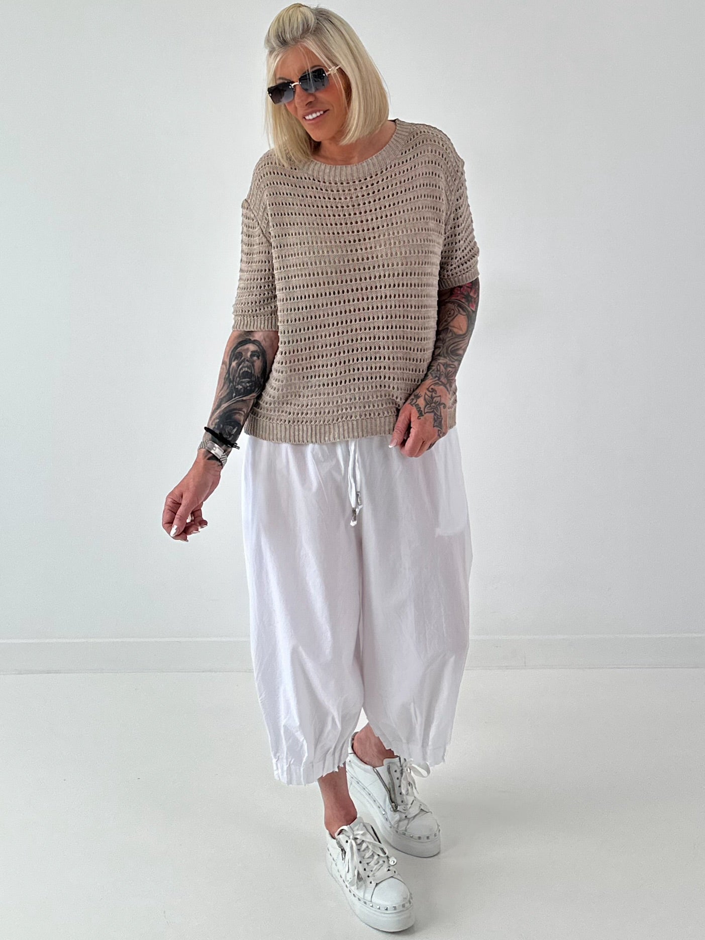 Strick Shirt mit Lochmuster - taupe