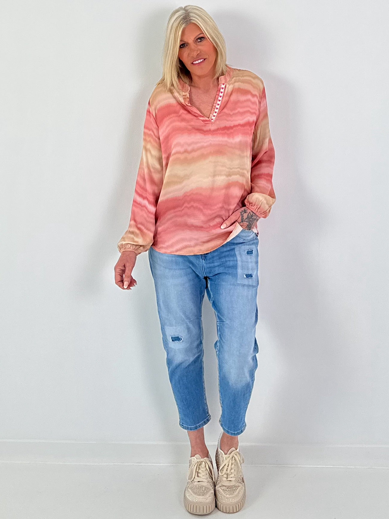 Silk tunic with colour gradient and heart details - pink-multicoloured
