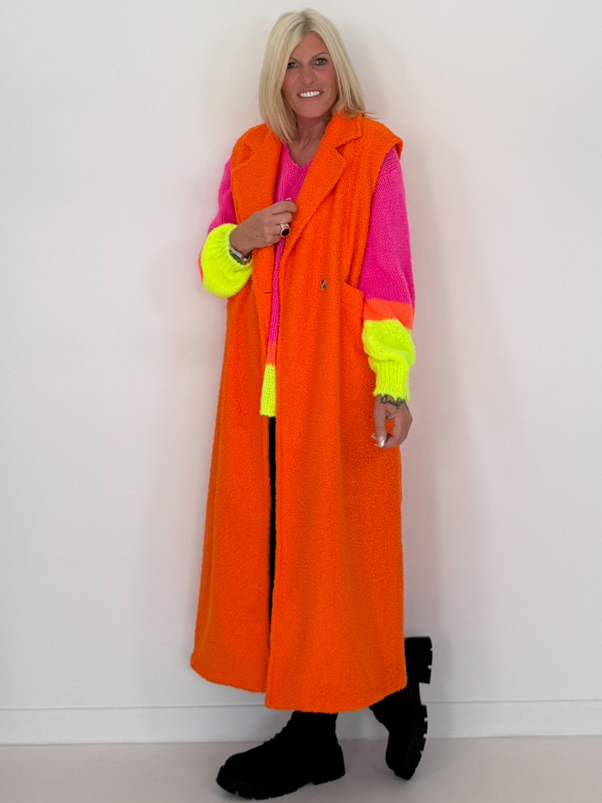 Bouclé lang vest - neonoranje