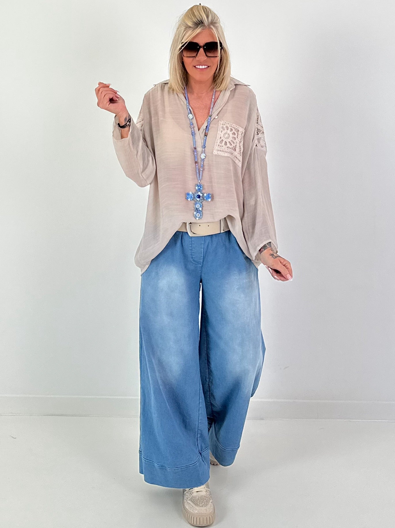 Tunic with crochet inserts - beige