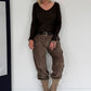 Rippshirt mit fransigem V-Ausschnitt - mokka